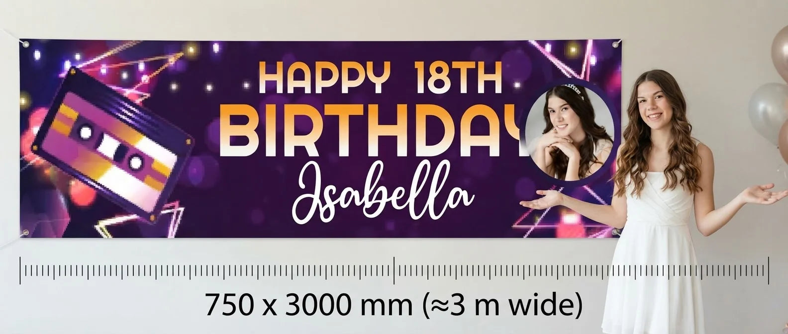 Person standing beside the Music Glow Theme Birthday Party Banner for scale, with size guide showing 750 x 3000 mm