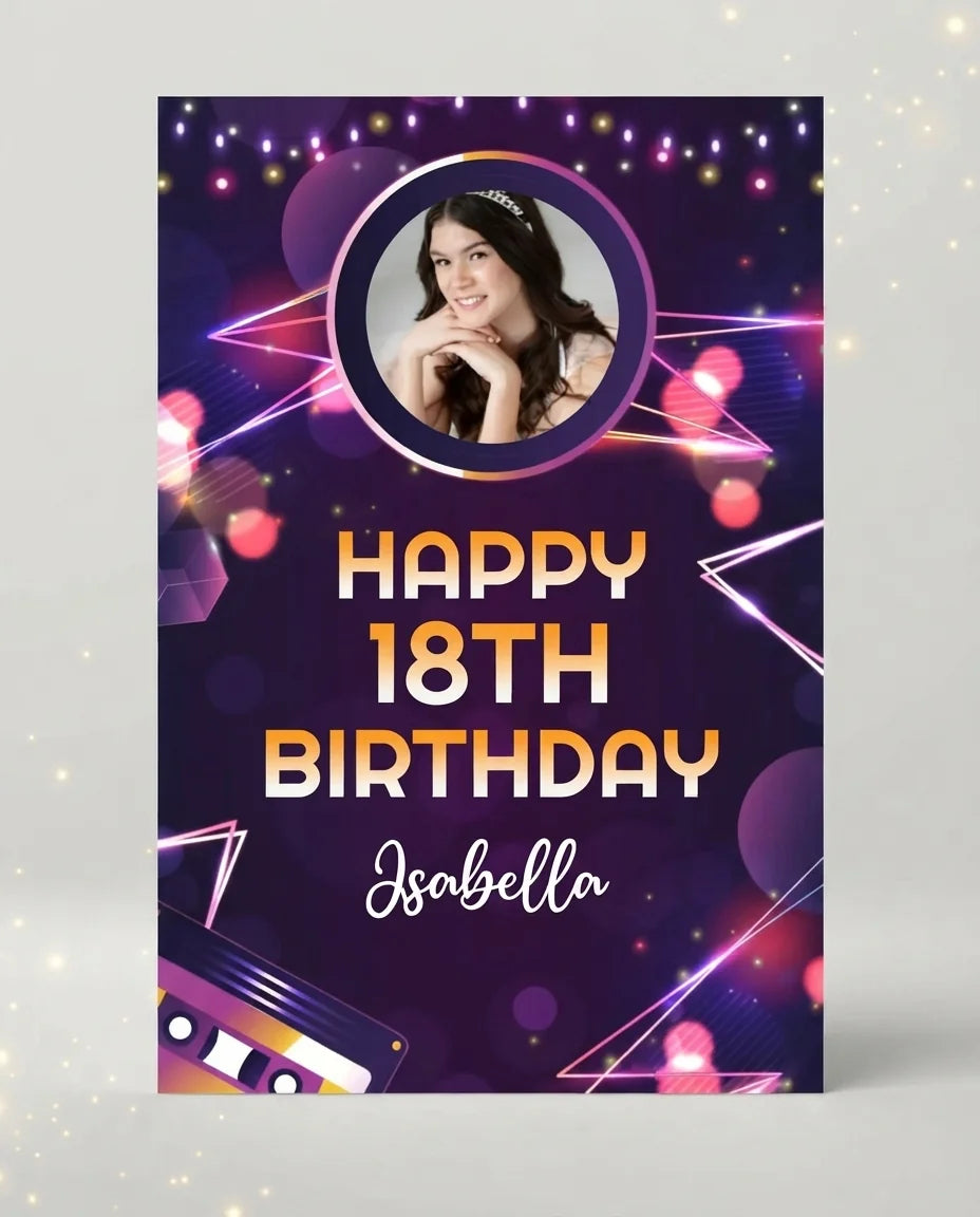 Personalised Music Glow Theme Birthday Party Mega Card displayed against a plain studio background