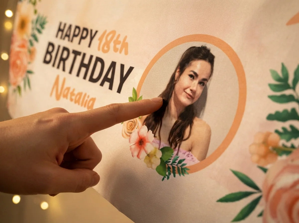 Close-up of the personalised name and photo printed on the Peach Roses Theme Birthday Party Banner