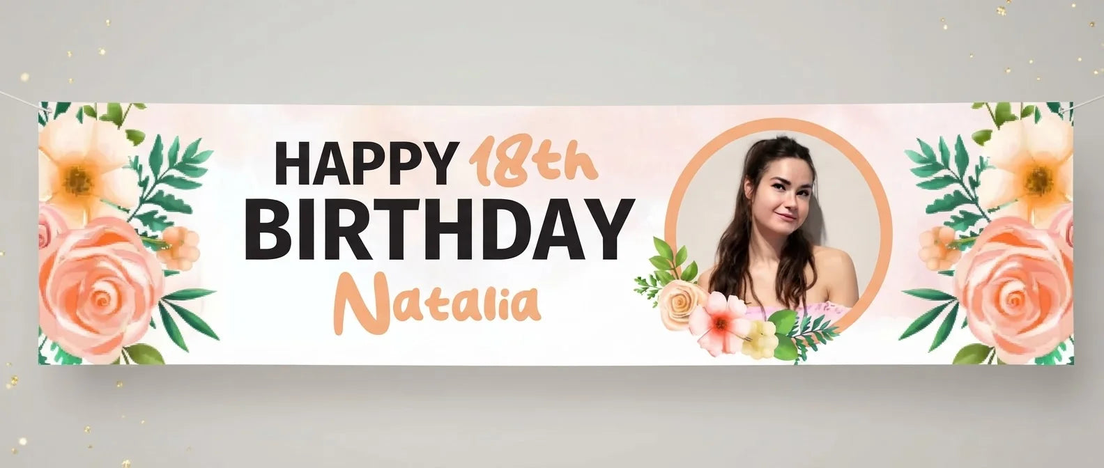 Personalised Peach Roses Theme Birthday Party Banner displayed against a plain studio background