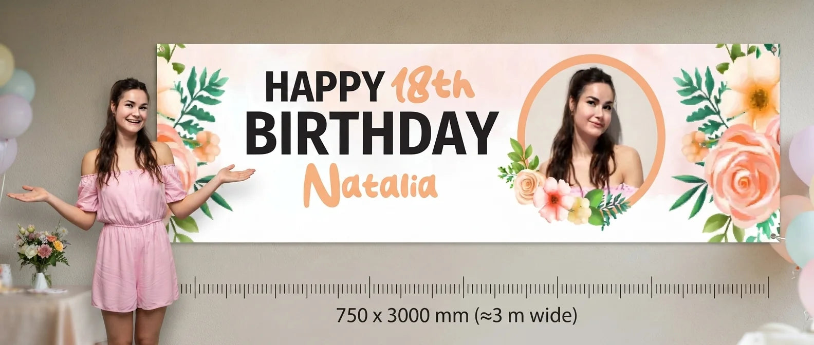 Person standing beside the Peach Roses Theme Birthday Party Banner for scale, with size guide showing 750 x 3000 mm