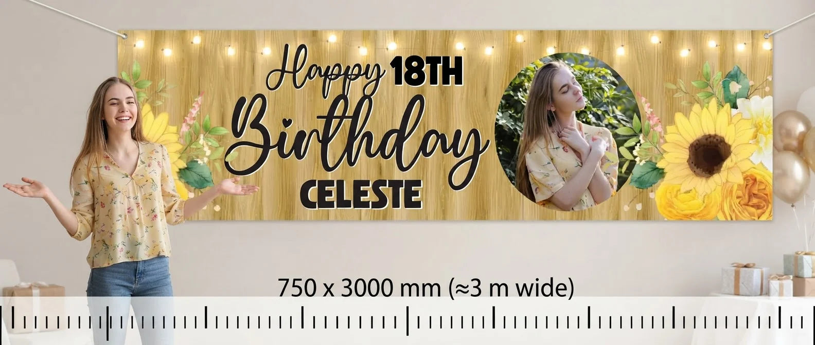 Person standing beside the Sunflower Theme Birthday Party Banner for scale, with size guide showing 750 x 3000 mm