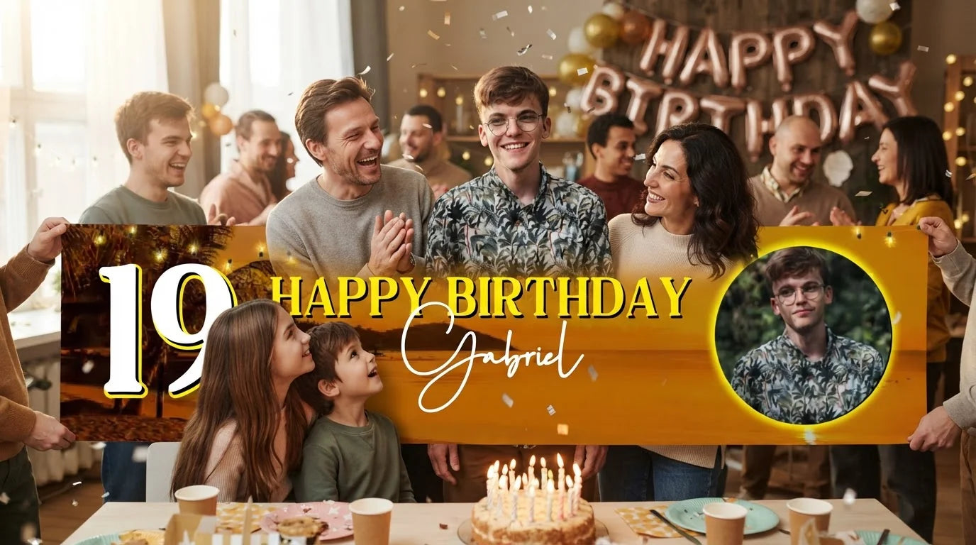 Friends and family celebrating with the personalised Beach Sunset Birthday Party Banner