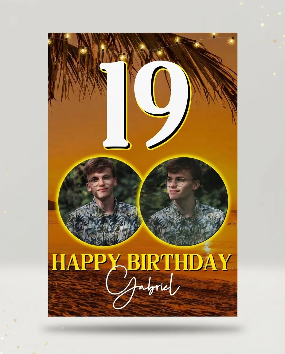 Personalised Beach Sunset Birthday Party Mega Card displayed against a plain studio background