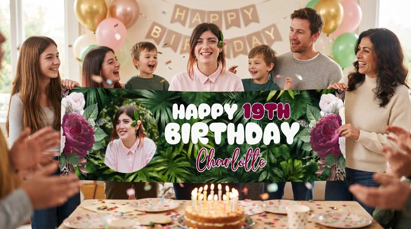 Friends and family celebrating with the personalised Maroon Floral Birthday Party Banner