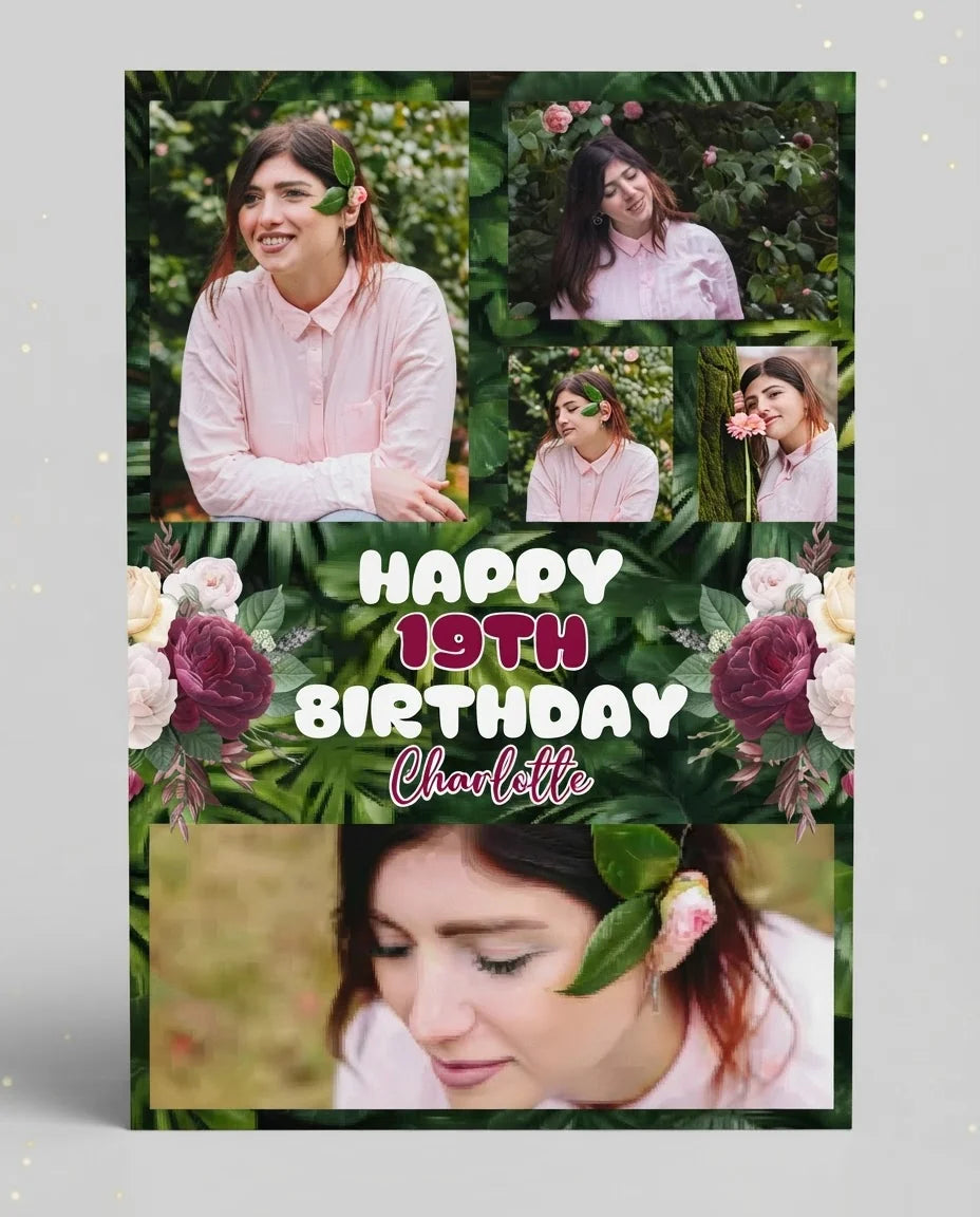 Personalised Maroon Floral Birthday Party Mega Card displayed against a plain studio background