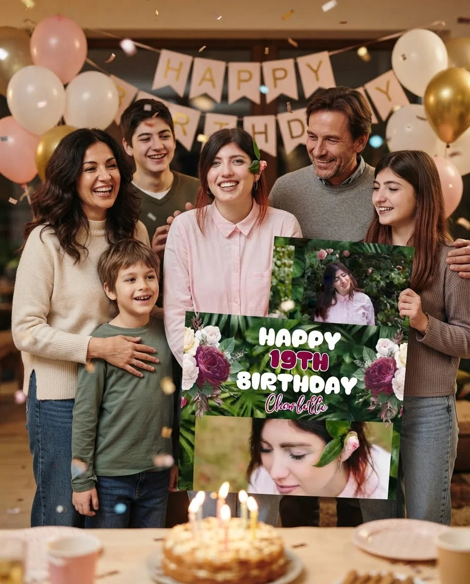 Friends and family celebrating with the personalised Maroon Floral Birthday Party Mega Card