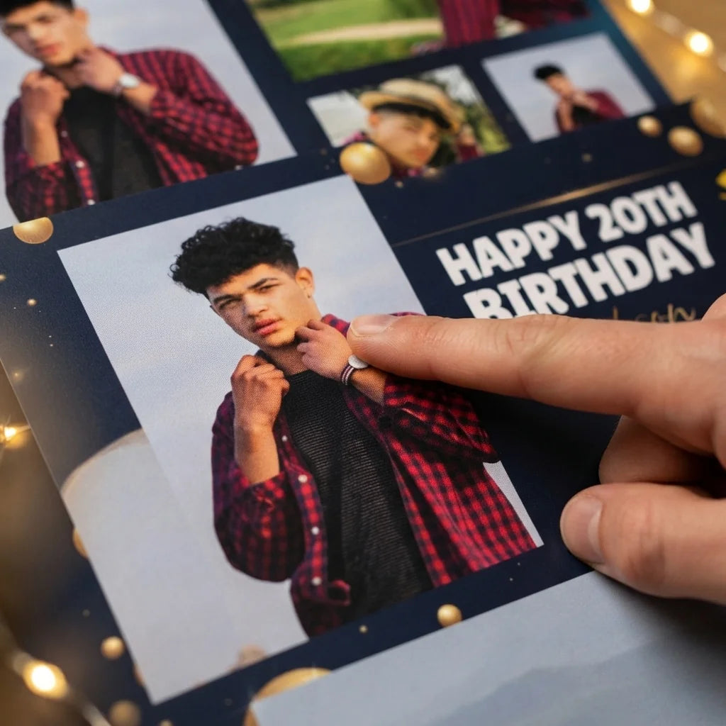 Close-up of the personalised name and photo printed on the Gold and Black Theme Birthday Party Mega Card