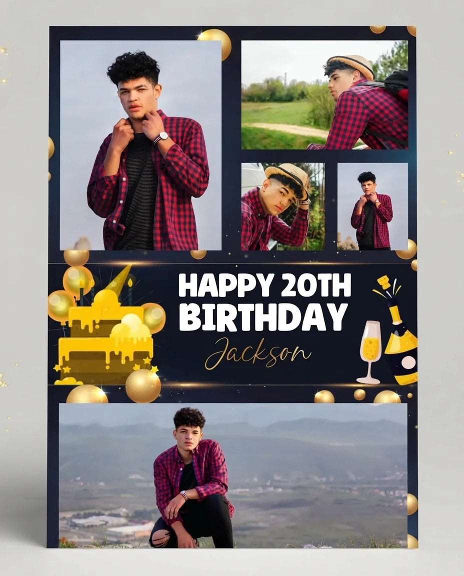 Personalised Gold and Black Theme Birthday Party Mega Card displayed against a plain studio background