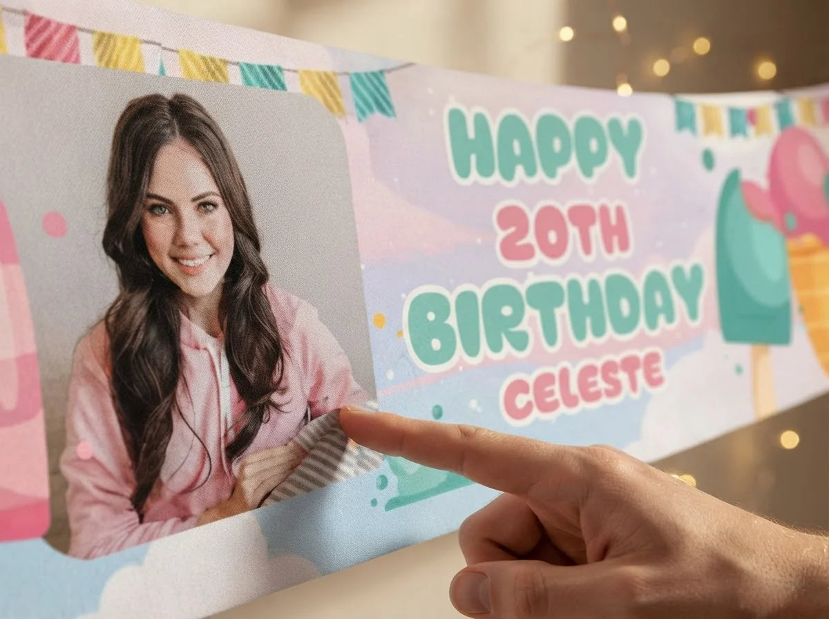 Close-up of the personalised name and photo printed on the Ice Cream Theme Birthday Party Banner