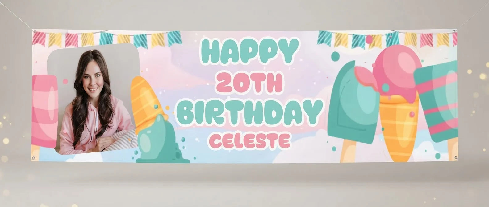 Personalised Ice Cream Theme Birthday Party Banner displayed against a plain studio background