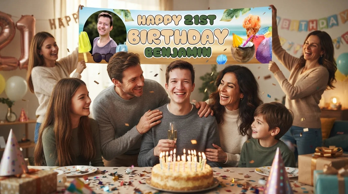 Friends and family celebrating with the personalised Beach Travel Birthday Party Banner