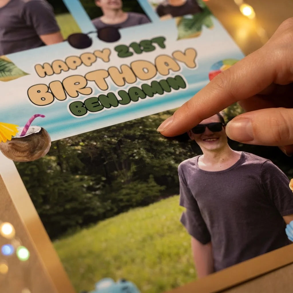 Close-up of the personalised name and photo printed on the Beach Travel Birthday Party Mega Card