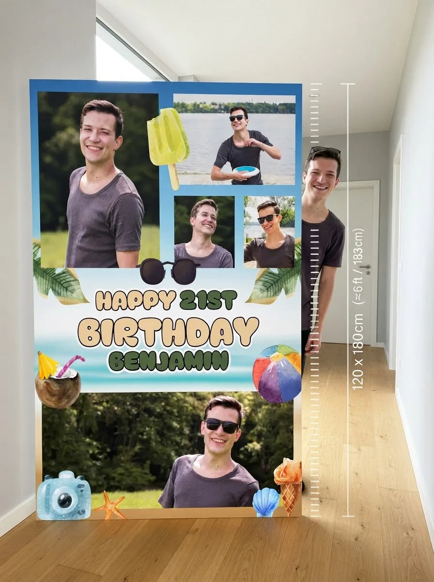 Person standing beside the Beach Travel Birthday Party Mega Card for scale in a size guide