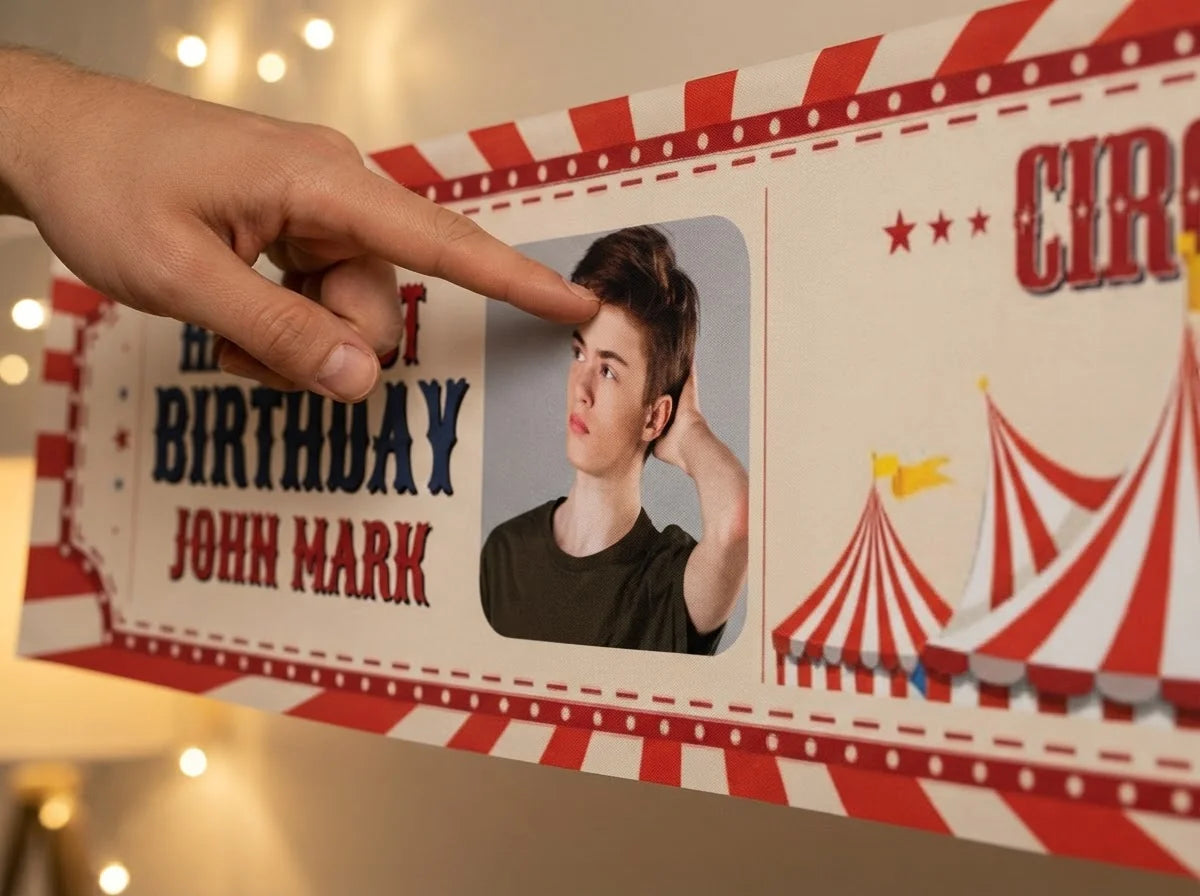 Close-up of the personalised name and photo printed on the Circus Theme Birthday Party Banner