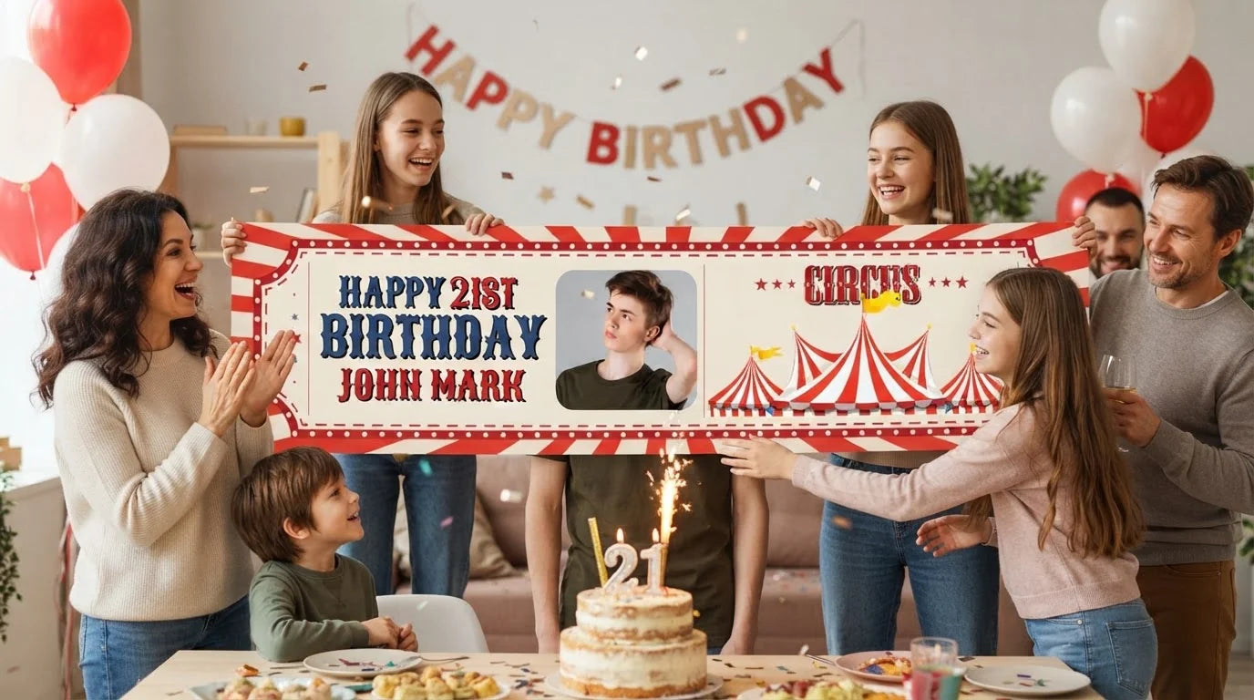 Friends and family celebrating with the personalised Circus Theme Birthday Party Banner