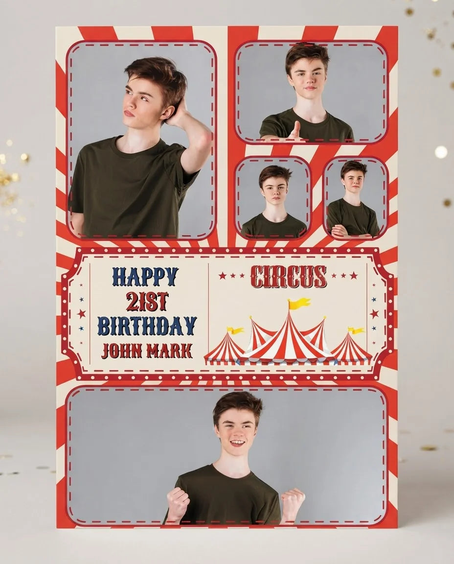 Personalised Circus Theme Birthday Party Mega Card displayed against a plain studio background