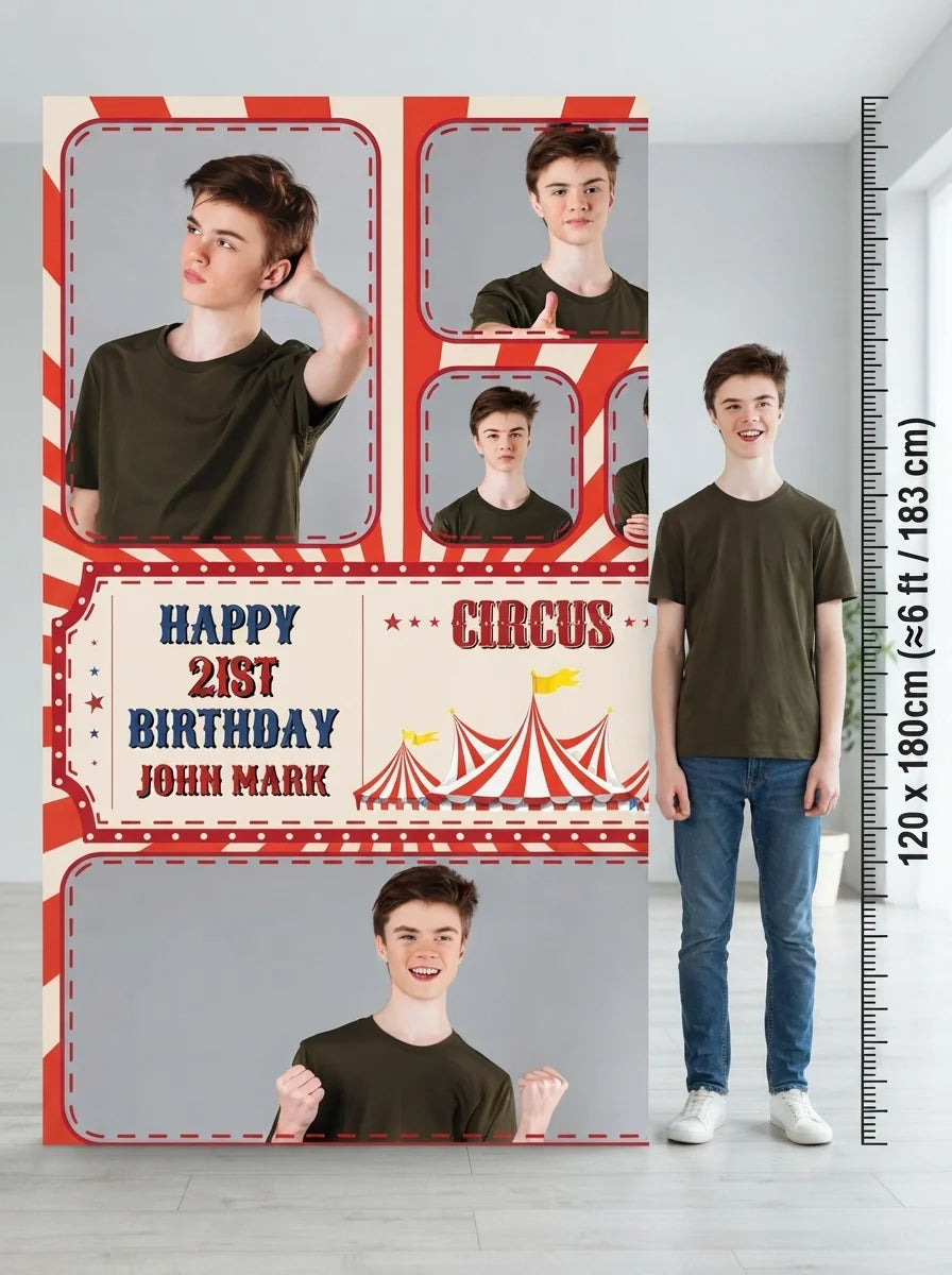 Person standing beside the Circus Theme Birthday Party Mega Card for scale in a size guide