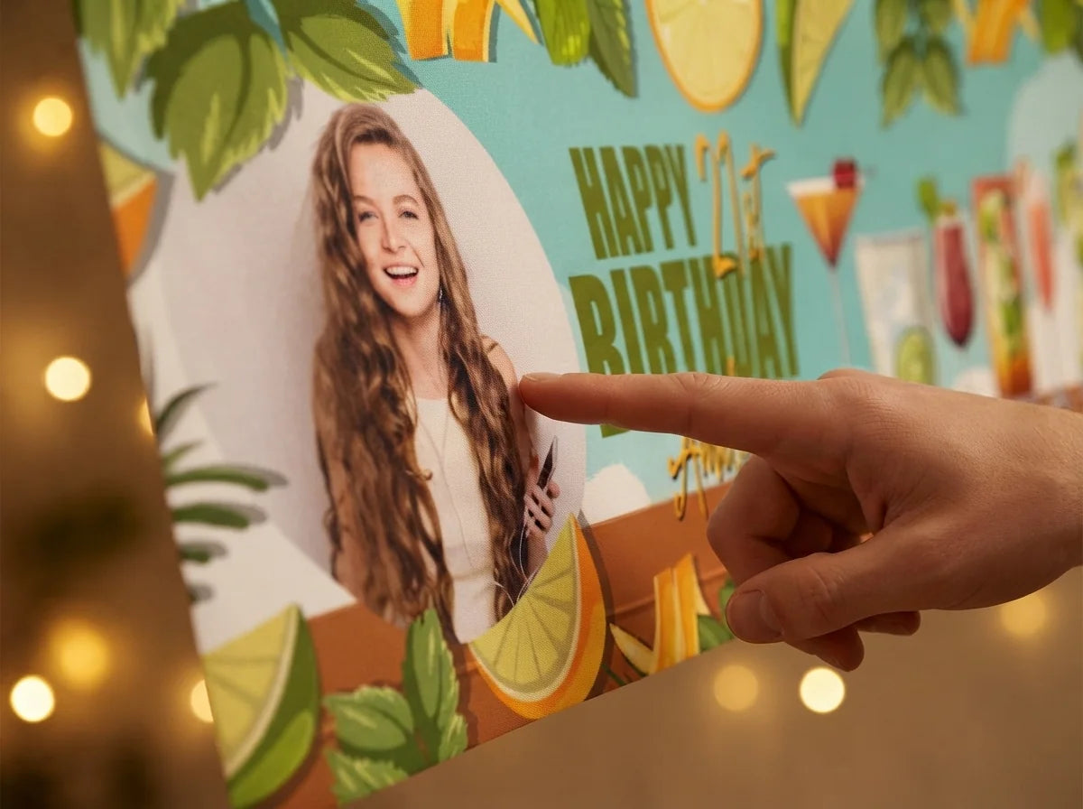 Close-up of the personalised name and photo printed on the Cocktail Birthday Party Banner