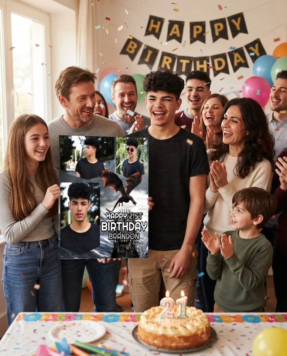 Friends and family celebrating with the personalised Game of Thrones Birthday Party Mega Card