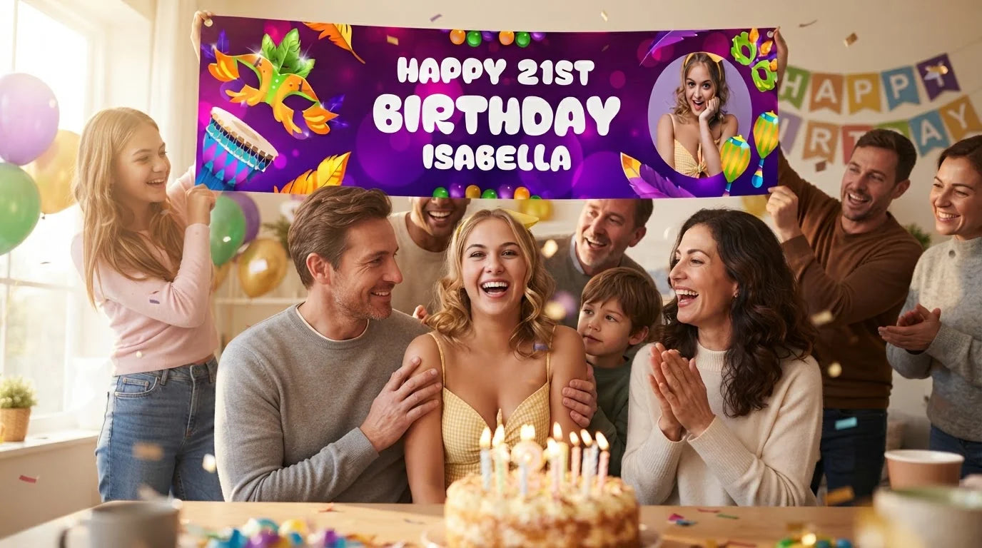 Friends and family celebrating with the personalised Masquerade Theme Birthday Party Banner