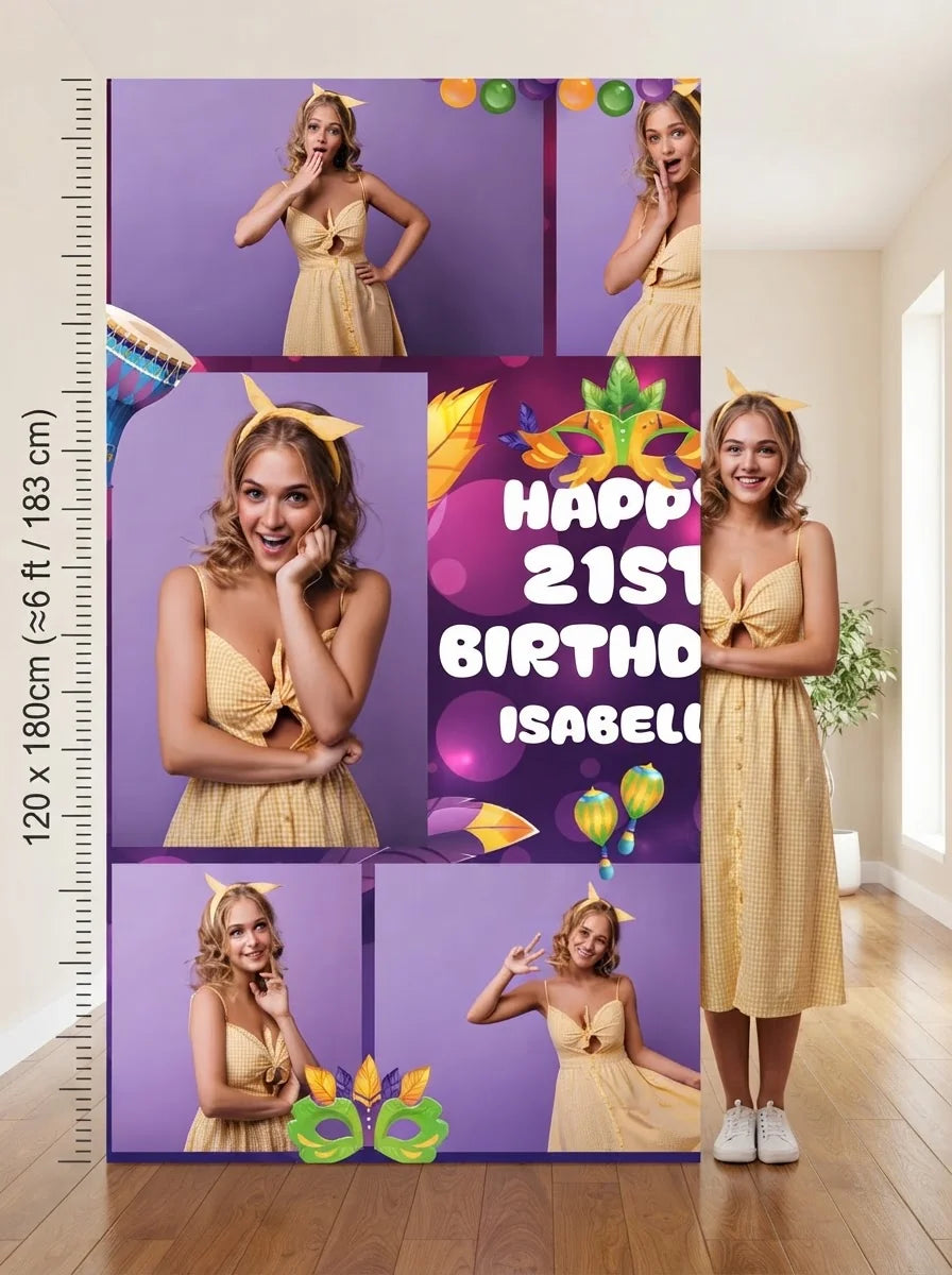 Person standing beside the Masquerade Theme Birthday Party Mega Card for scale in a size guide