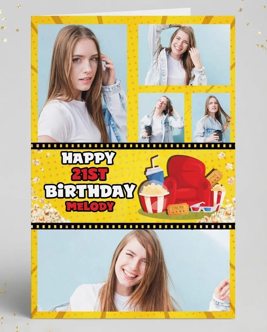 Personalised Movie Night Birthday Party Mega Card displayed against a plain studio background