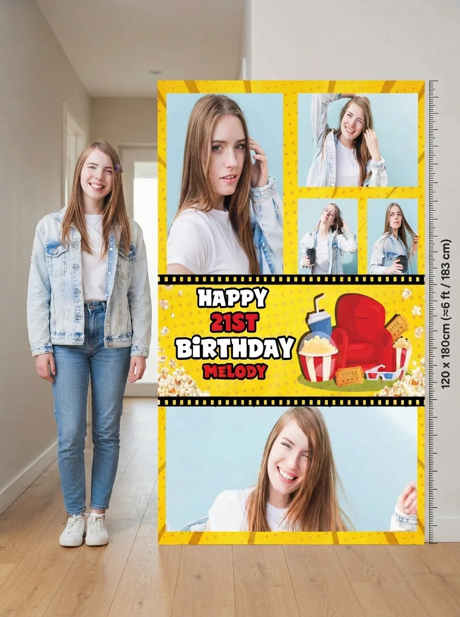 Person standing beside the Movie Night Birthday Party Mega Card for scale in a size guide