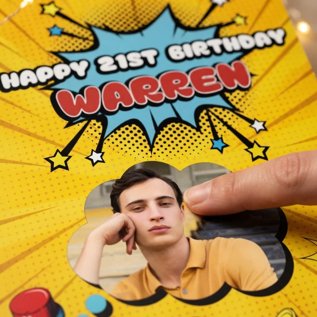 Close-up of the personalised name and photo printed on the PopArt Theme Birthday Party Mega Card