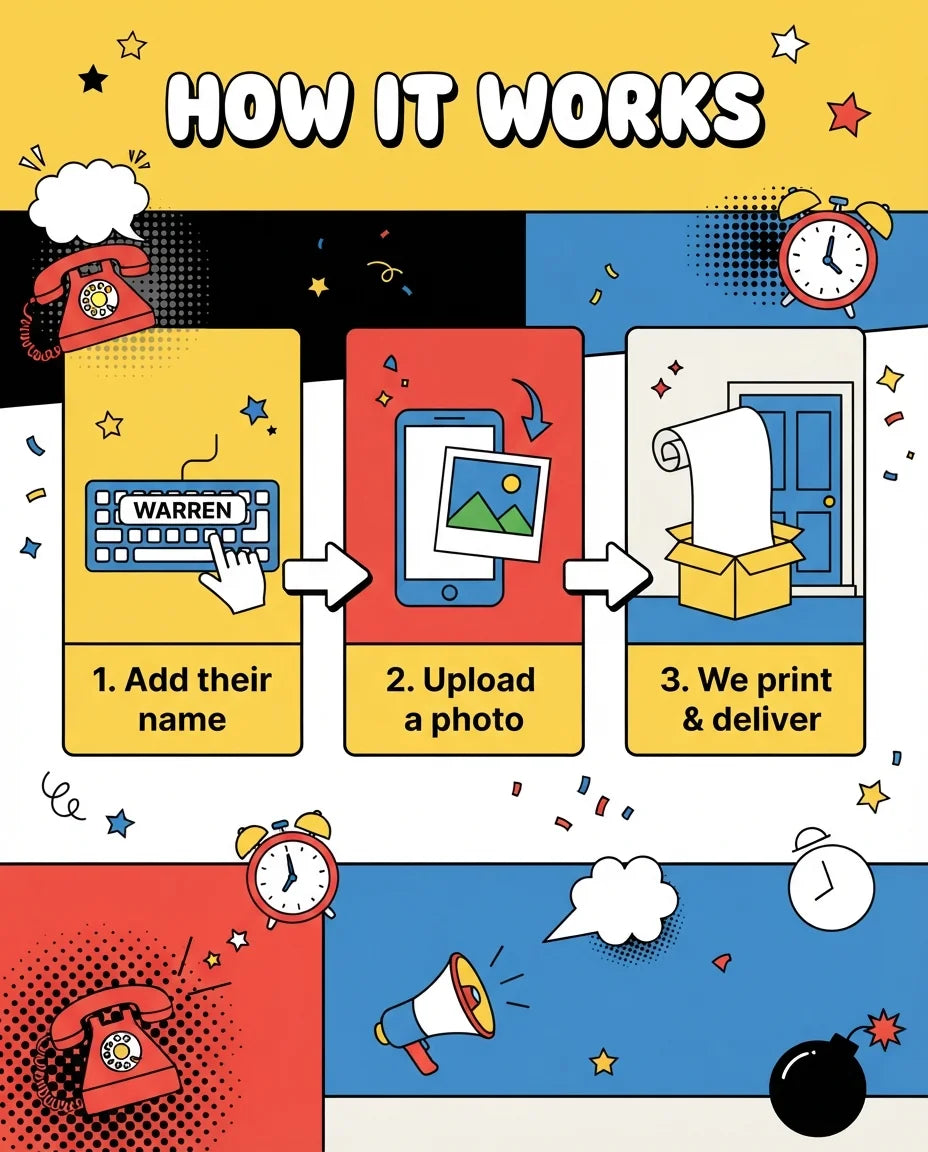 How it works: add a name, upload a photo, and we print and deliver the PopArt Theme Birthday Party Mega Card