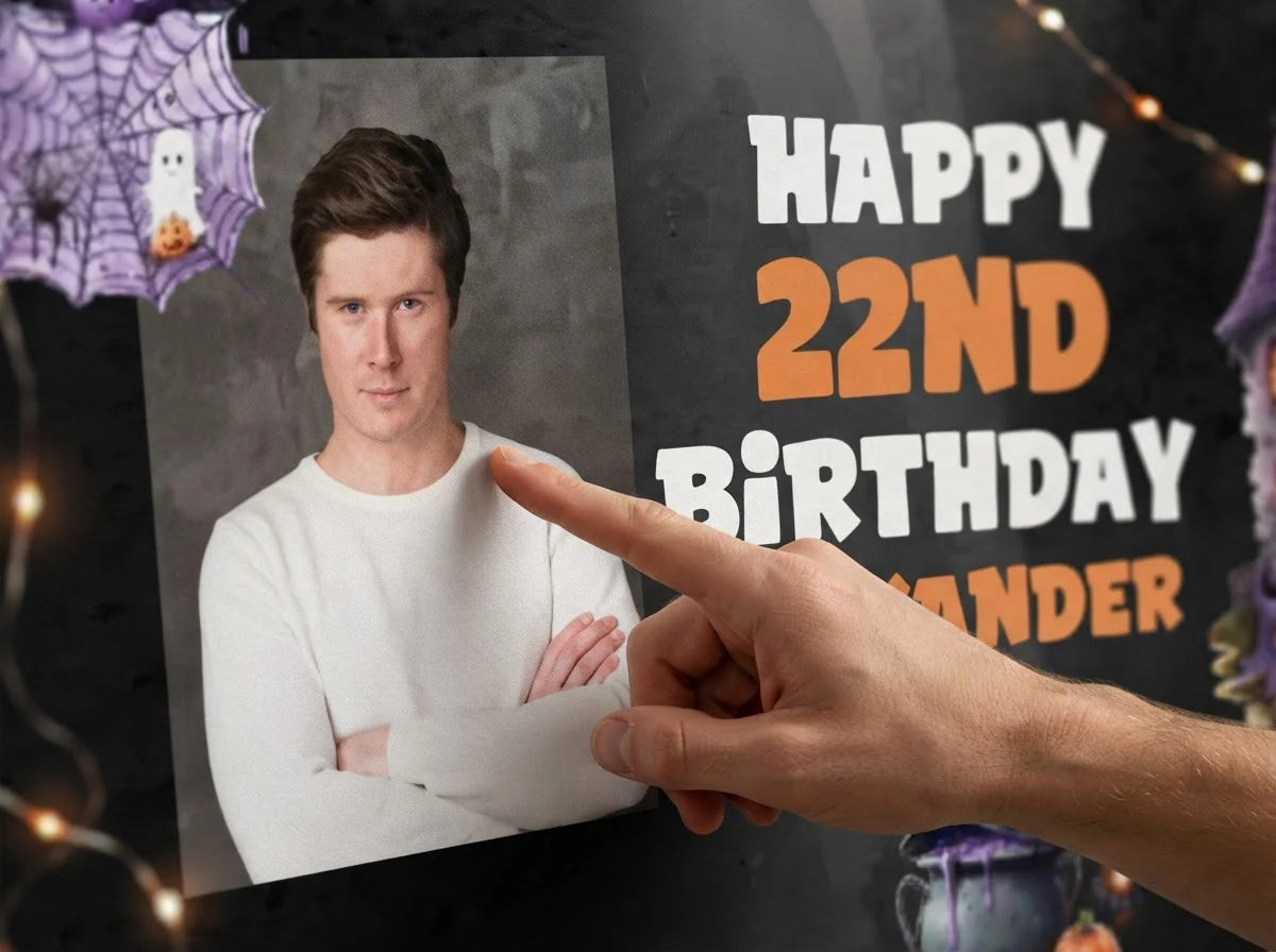 Close-up of the personalised name and photo printed on the Halloween Haunted Birthday Party Banner