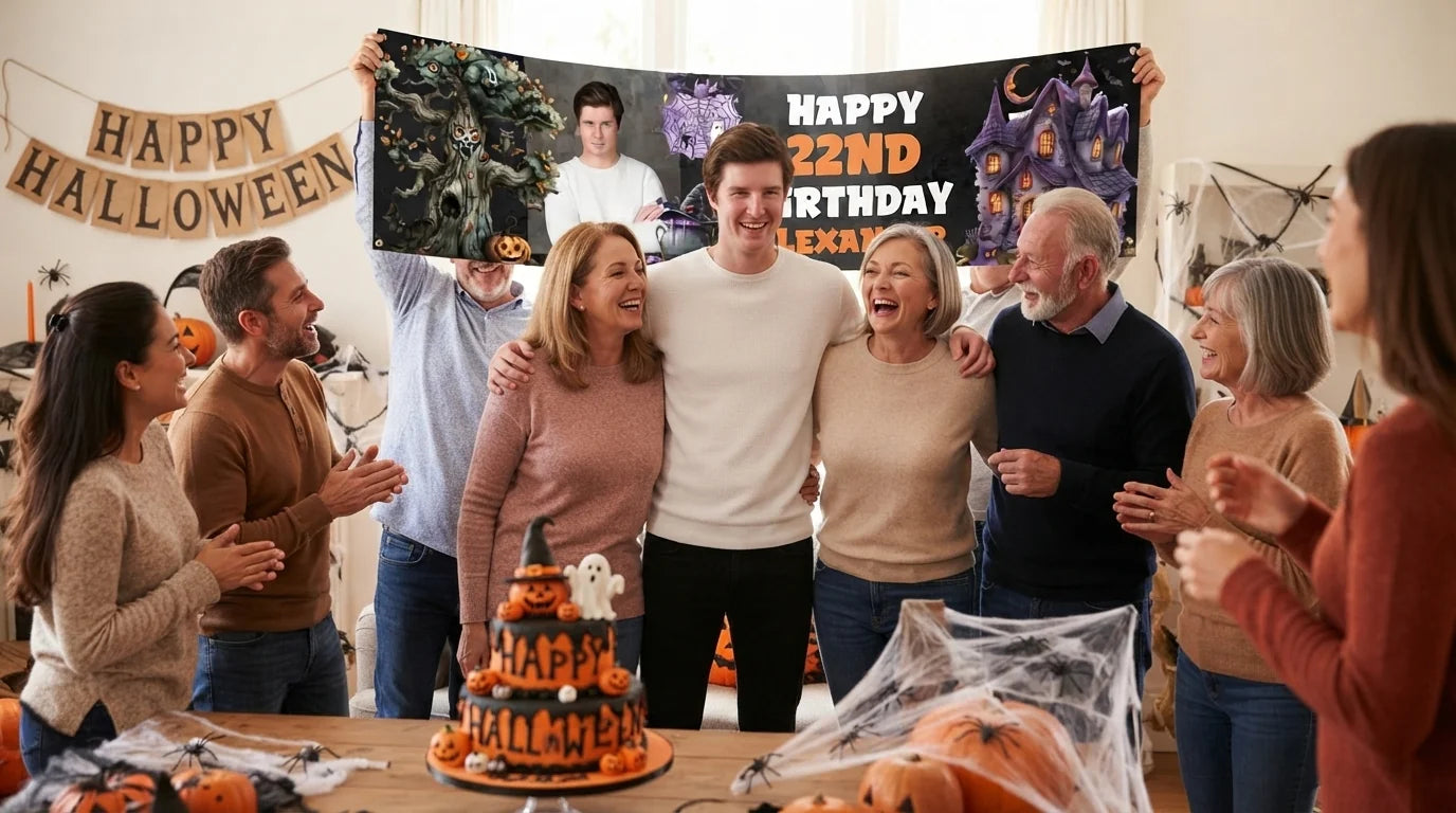 Friends and family celebrating with the personalised Halloween Haunted Birthday Party Banner