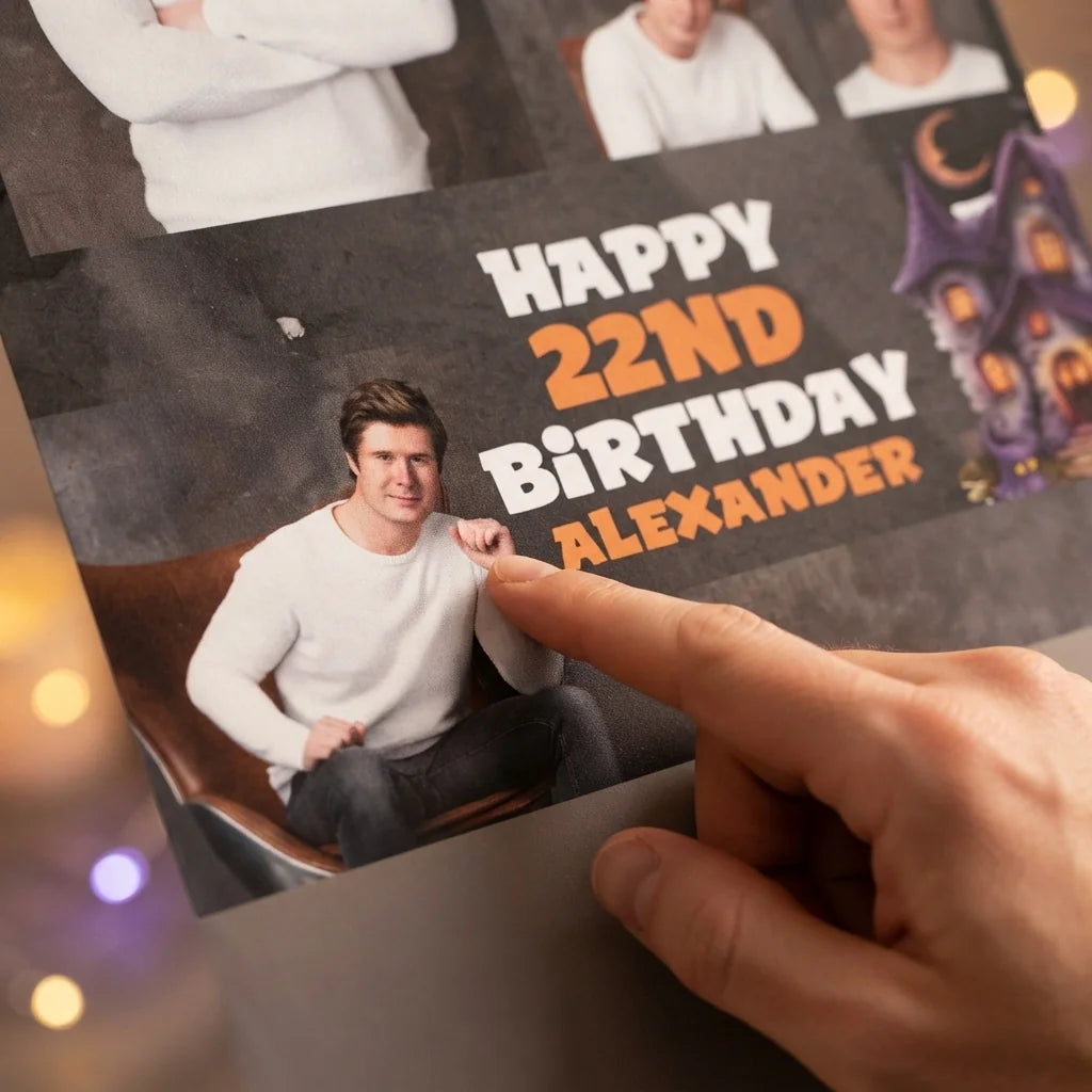 Close-up of the personalised name and photo printed on the Halloween Haunted Birthday Party Mega Card