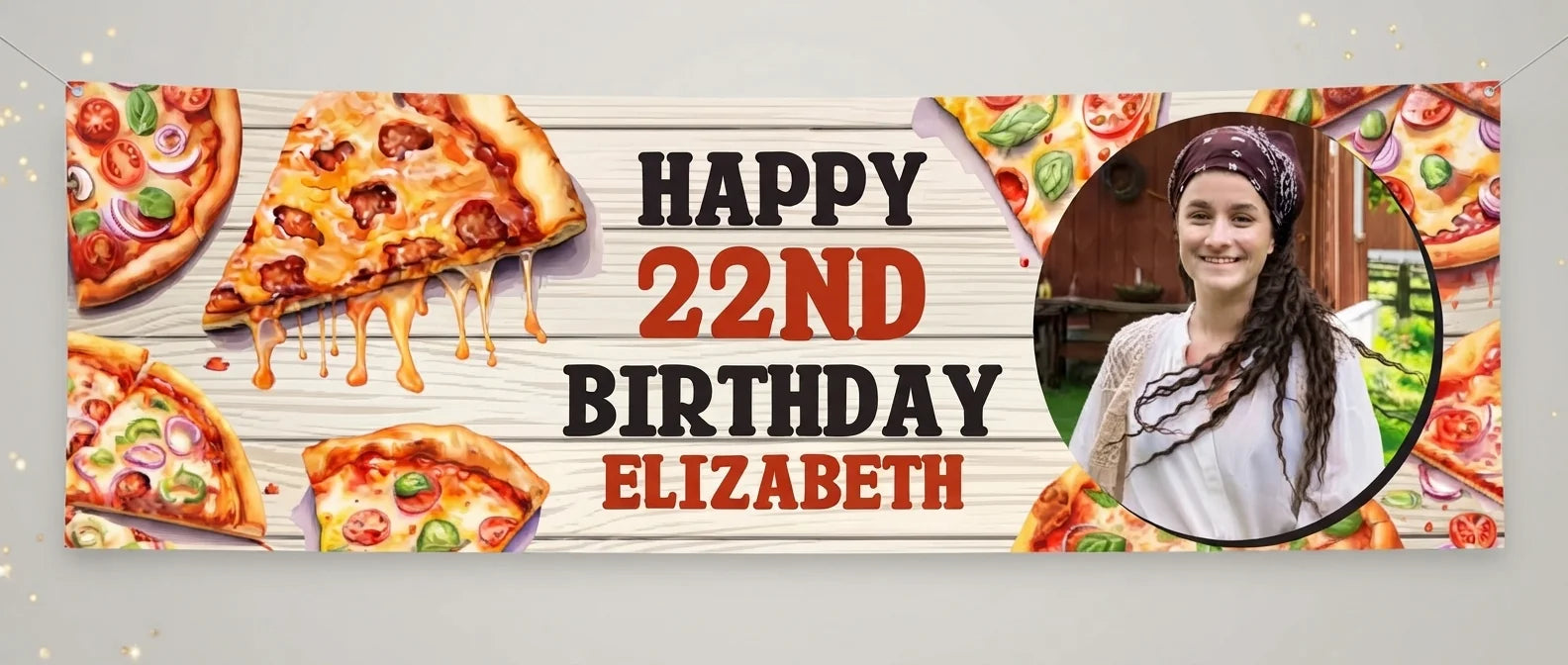 Personalised Pizza Theme Birthday Party Banner displayed against a plain studio background