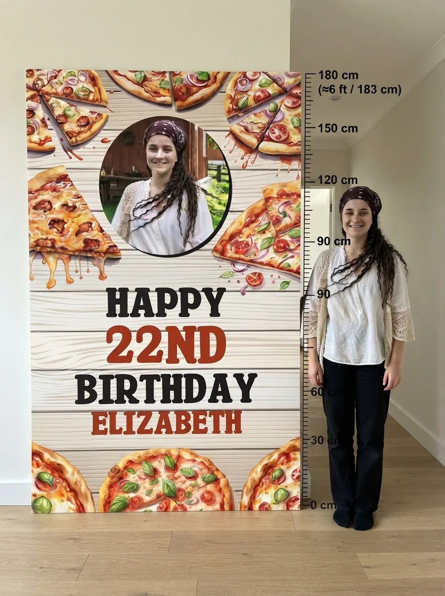 Person standing beside the Pizza Theme Birthday Party Mega Card for scale in a size guide