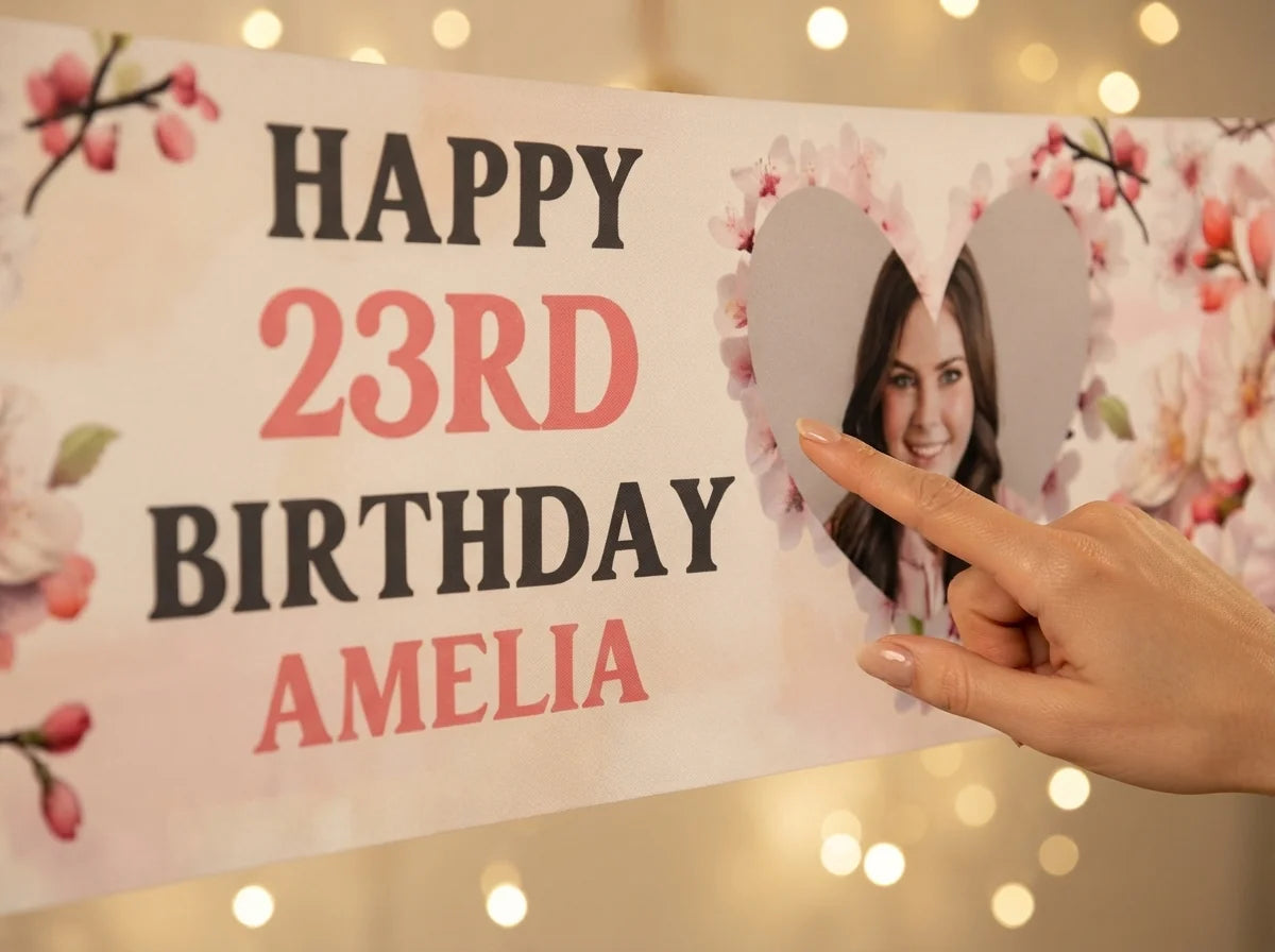 Close-up of the personalised name and photo printed on the Cherry Blossoms Birthday Party Banner