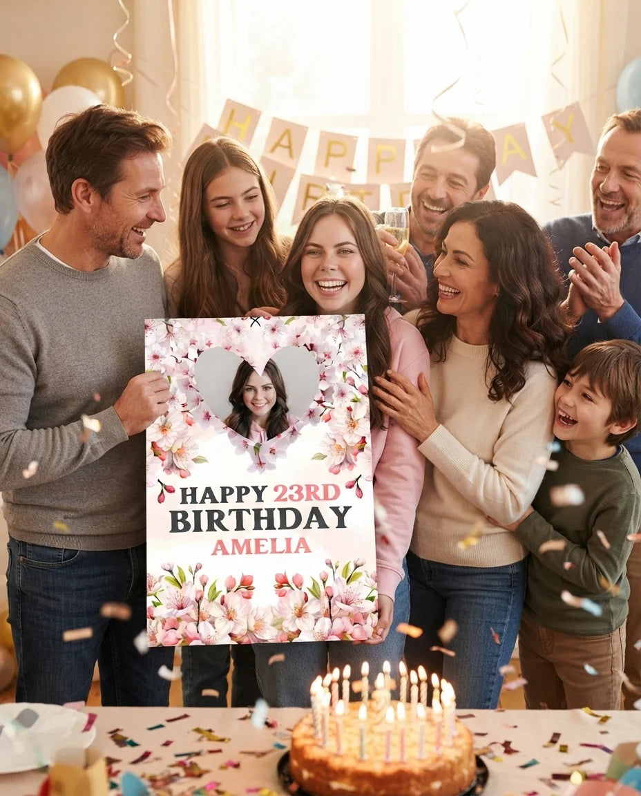 Friends and family celebrating with the personalised Cherry Blossoms Birthday Party Mega Card