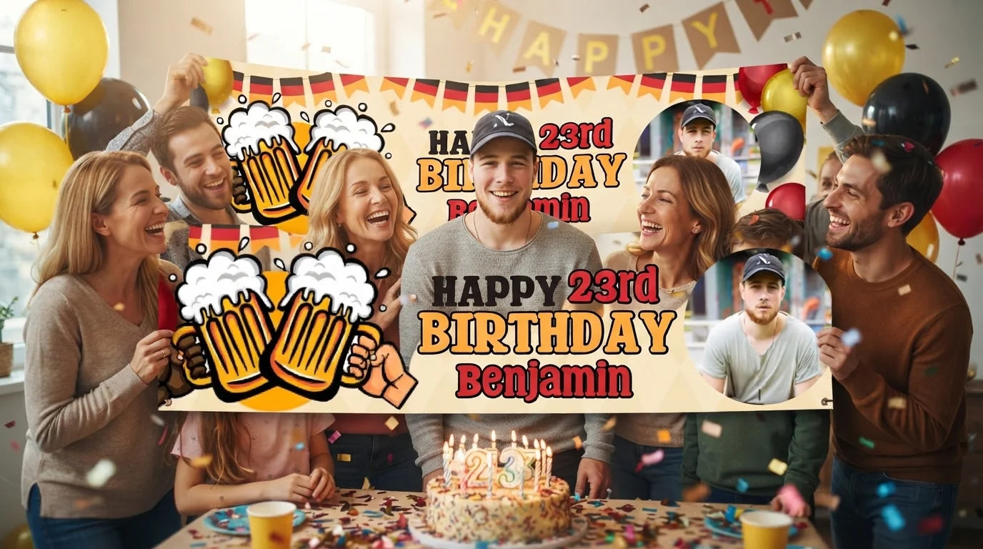 Friends and family celebrating with the personalised Oktoberfest Cheers Birthday Party Banner