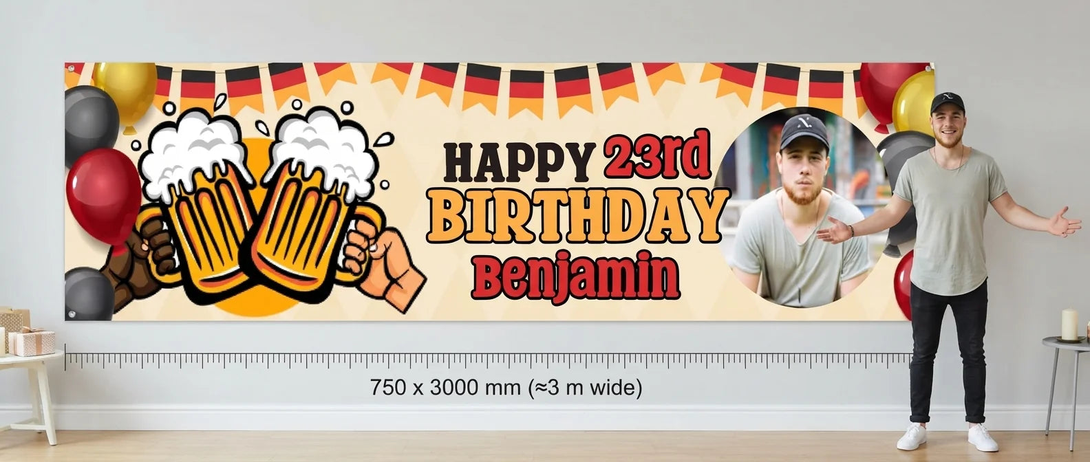 Person standing beside the Oktoberfest Cheers Birthday Party Banner for scale, with size guide showing 750 x 3000 mm