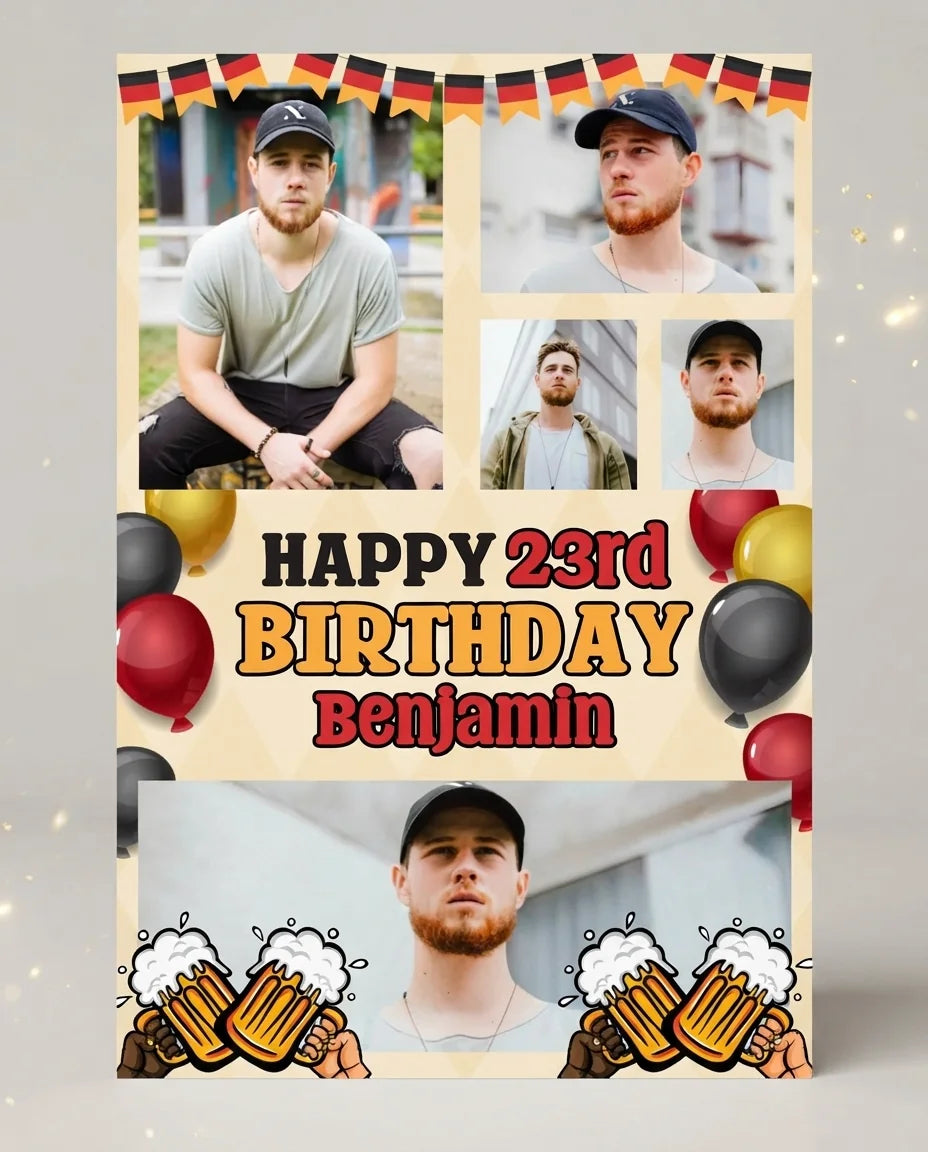 Personalised Oktoberfest Cheers Birthday Party Mega Card displayed against a plain studio background