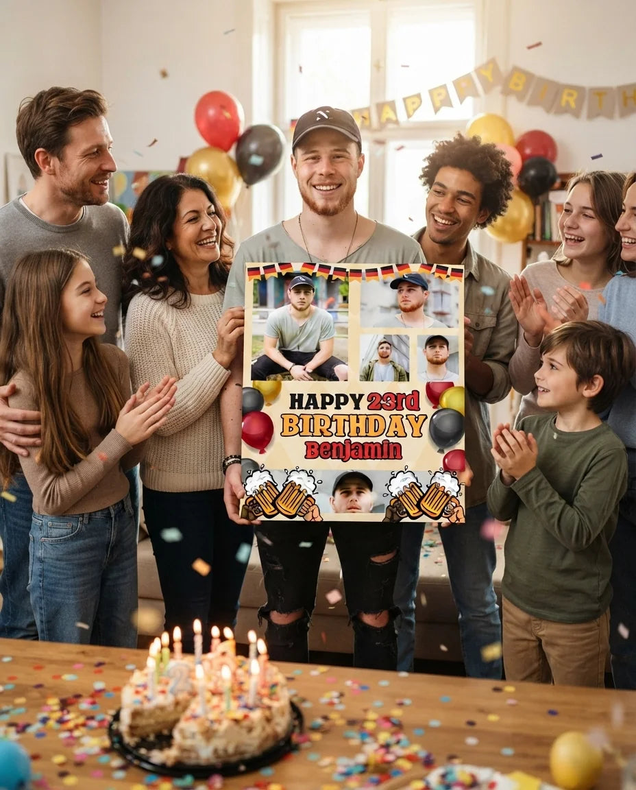 Friends and family celebrating with the personalised Oktoberfest Cheers Birthday Party Mega Card