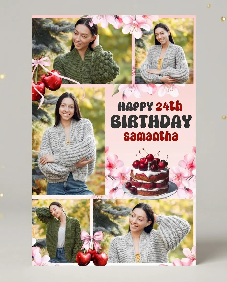 Personalised Cherry Theme Birthday Party Mega Card displayed against a plain studio background