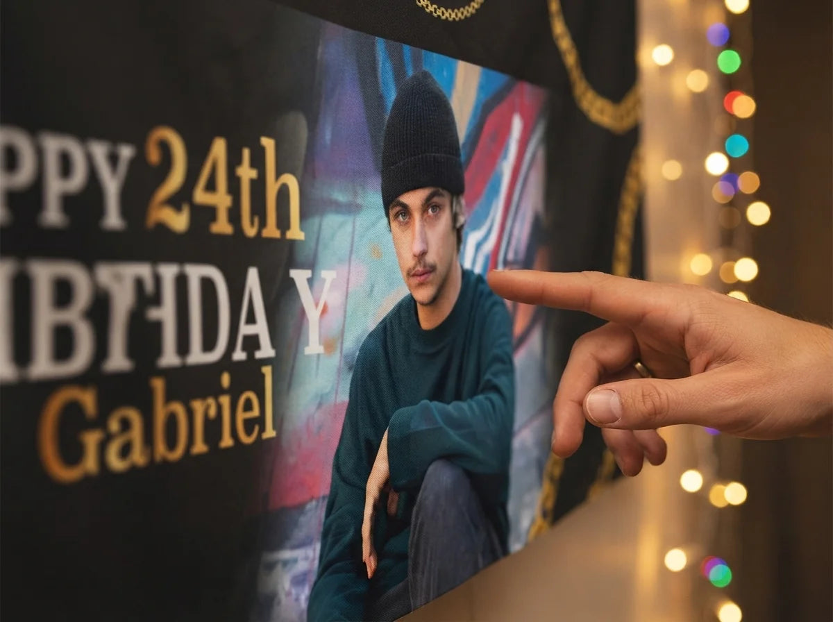 Close-up of the personalised name and photo printed on the Hip Hop Birthday Party Banner