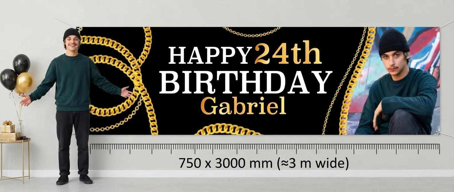 Person standing beside the Hip Hop Birthday Party Banner for scale, with size guide showing 750 x 3000 mm