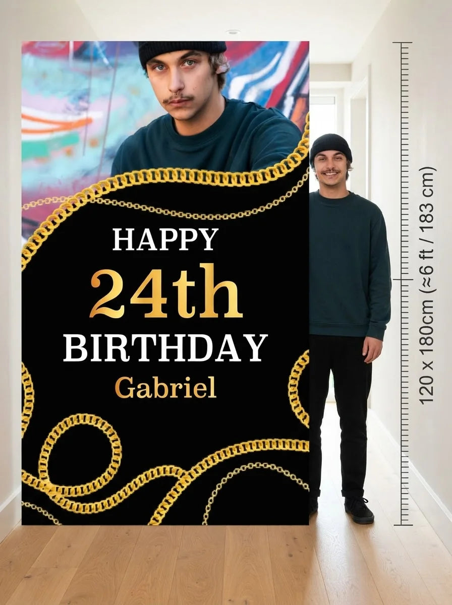 Person standing beside the Hip Hop Birthday Party Mega Card for scale in a size guide