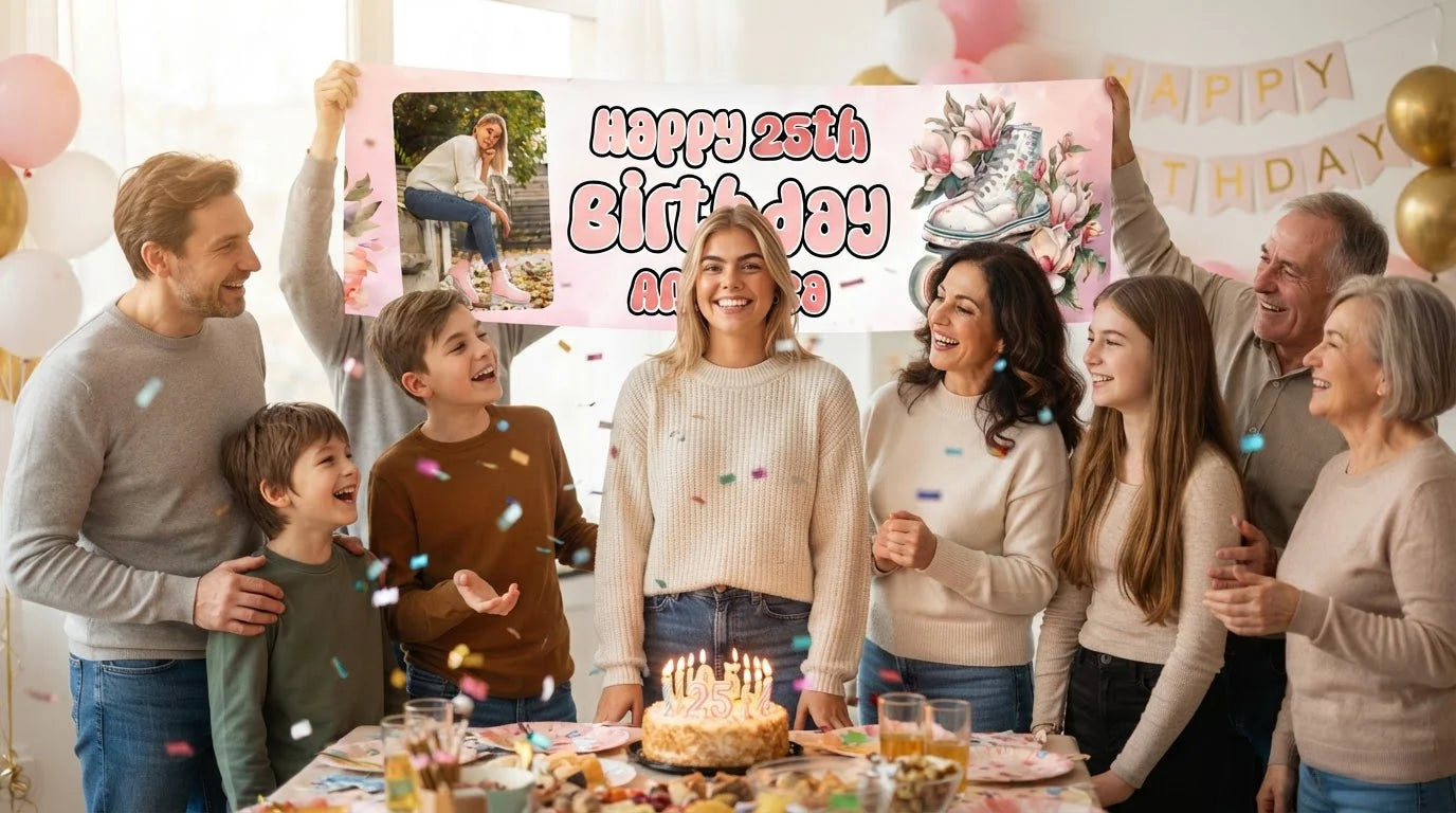 Friends and family celebrating with the personalised Floral Roller Skates Birthday Party Banner