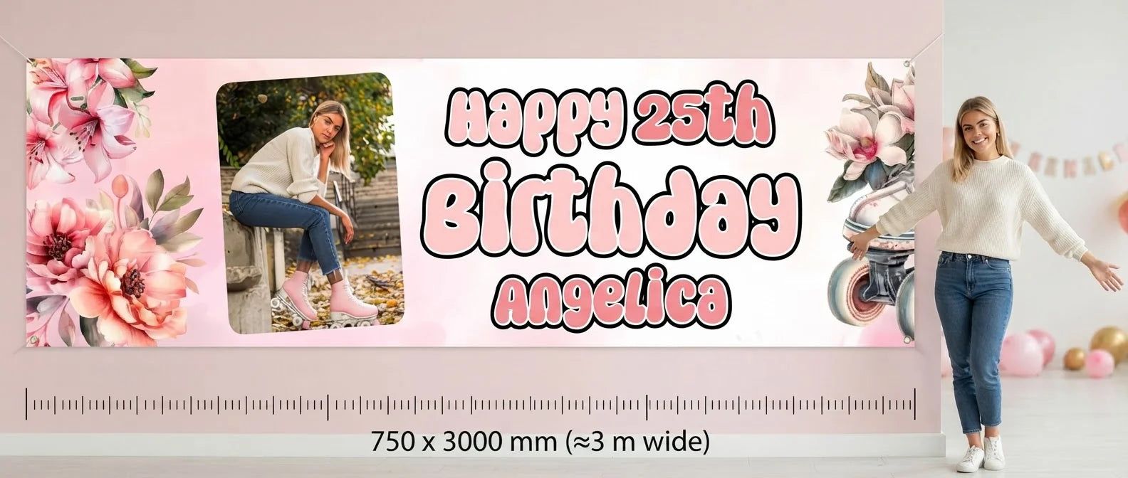 Person standing beside the Floral Roller Skates Birthday Party Banner for scale, with size guide showing 750 x 3000 mm