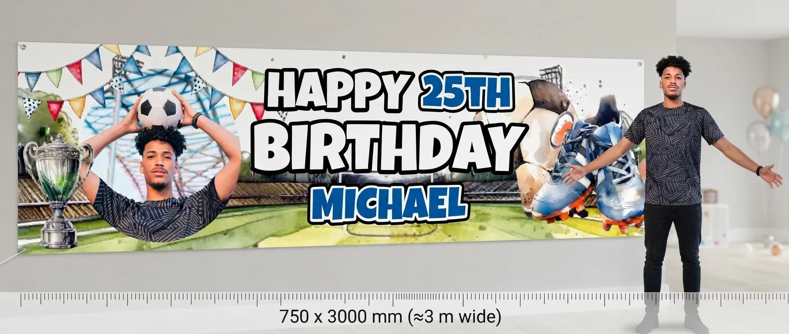 Person standing beside the Soccer Theme Birthday Party Banner for scale, with size guide showing 750 x 3000 mm