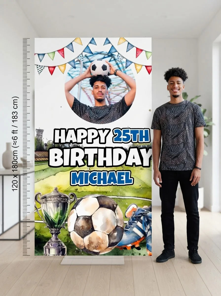 Person standing beside the Soccer Theme Birthday Party Mega Card for scale in a size guide