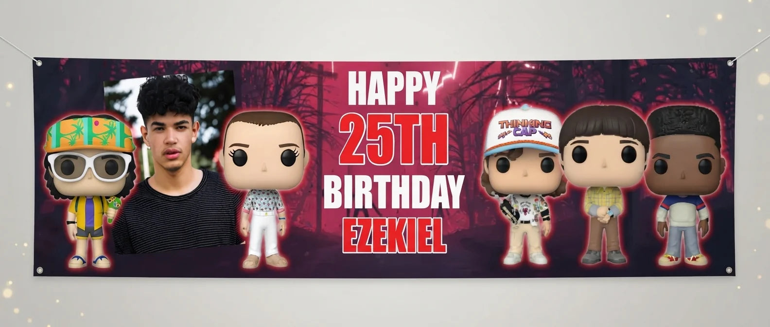 Personalised Stranger Things Birthday Party Banner displayed against a plain studio background